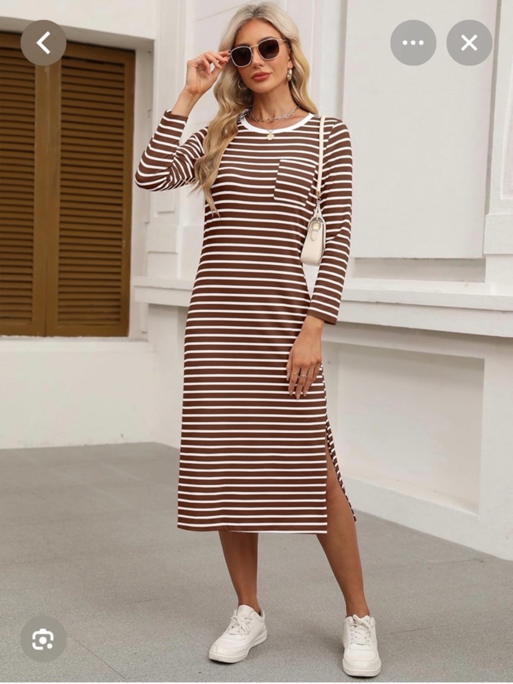 Striped Brown and White Midi Dress with Side Slit